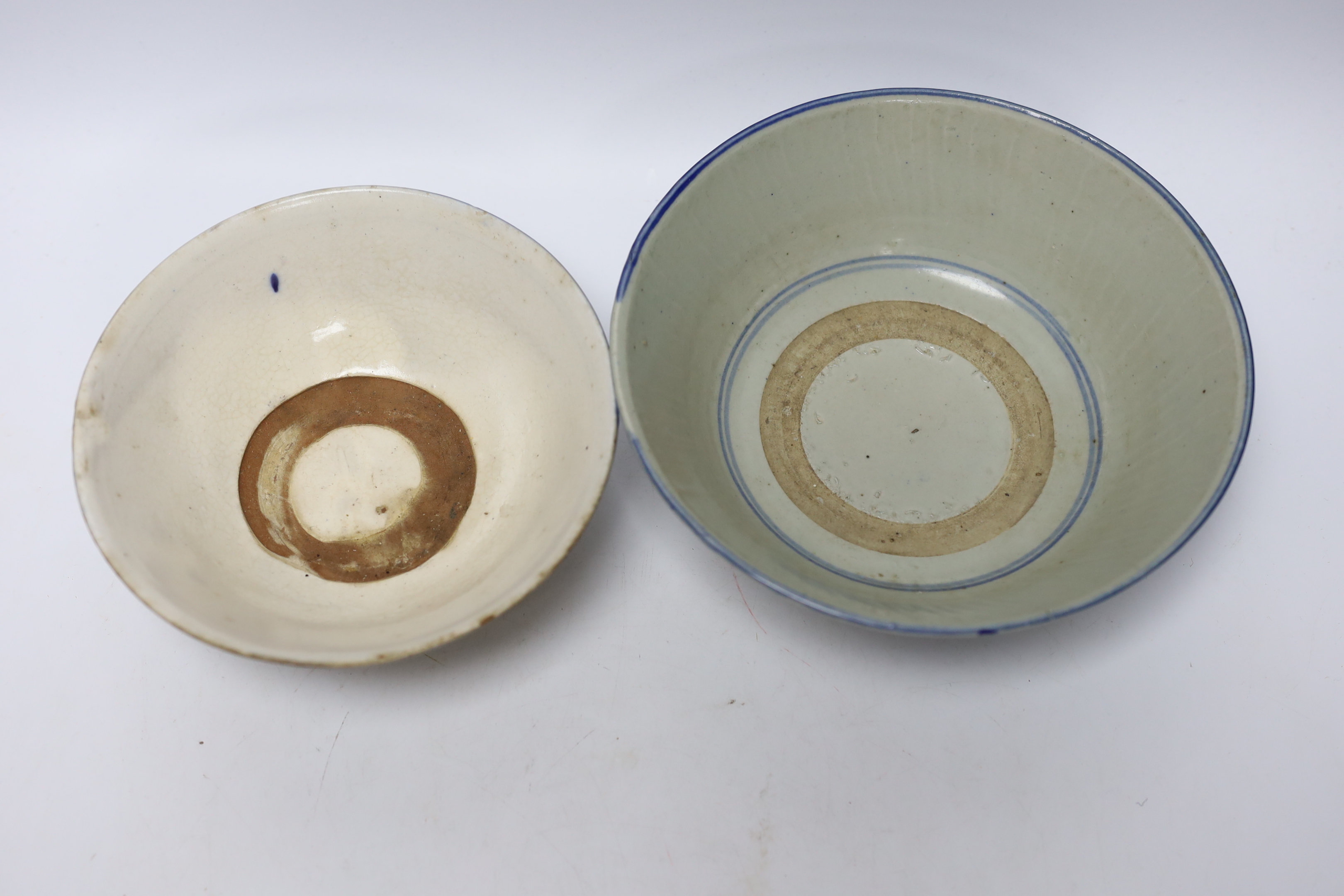 Three Chinese bowls including two blue and white examples, together with a ge ware type square dish, largest 20cm in diameter